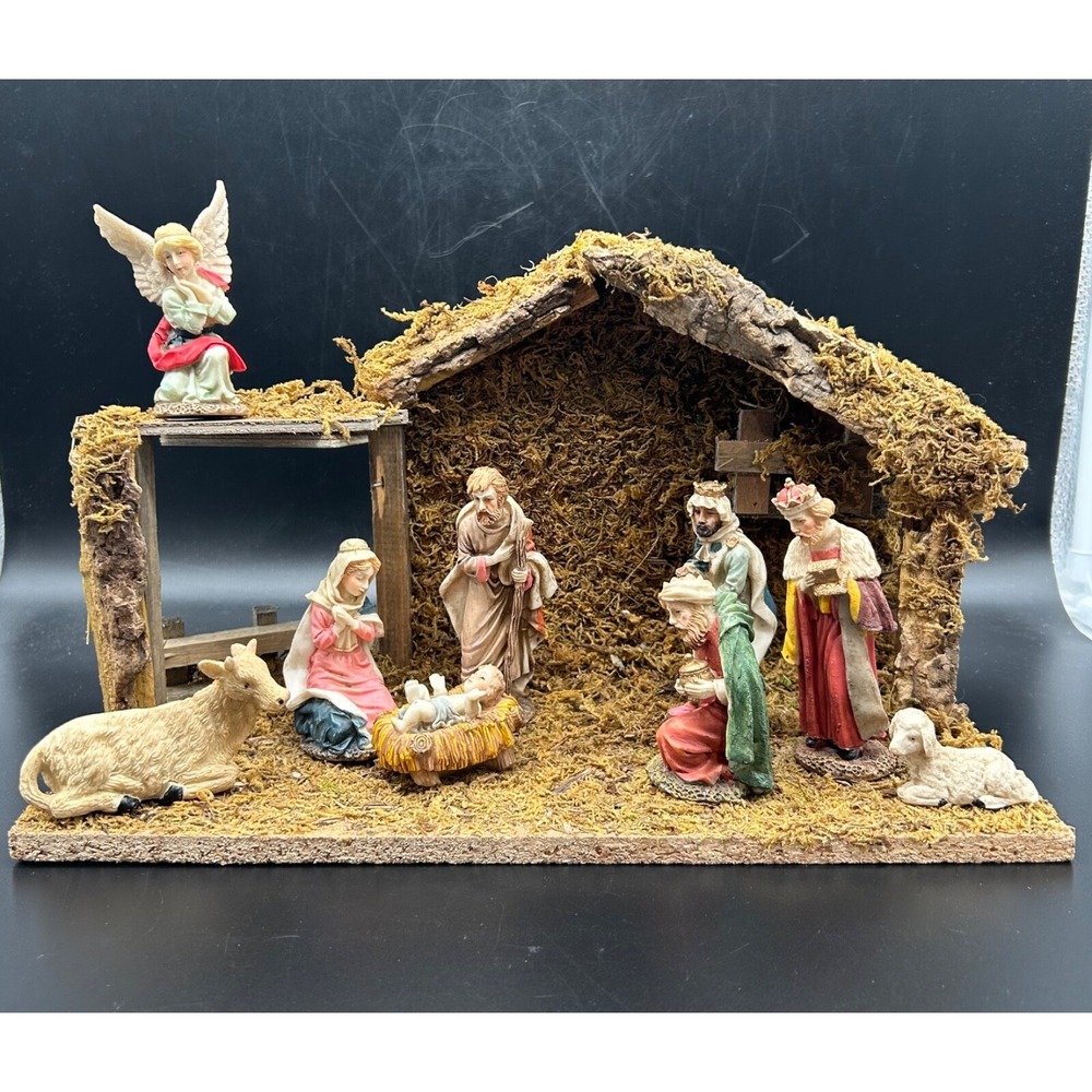 Vtg Nativity Set 8 Pieces Wood Creche Stable Silvestri